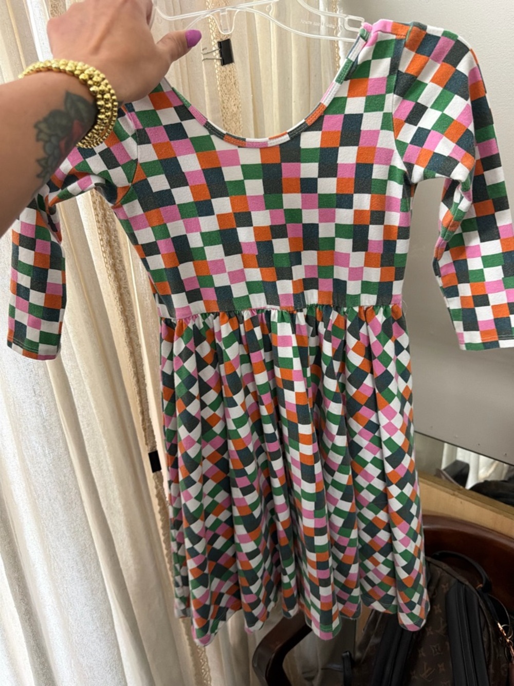 Colorblock Checkerboard Fit-and-Flare Dress - Pink, Green & Orange